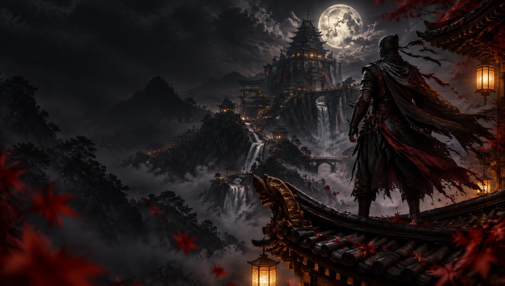 Shinobi menghadap benteng Ninja Saga Kamui di malam hari